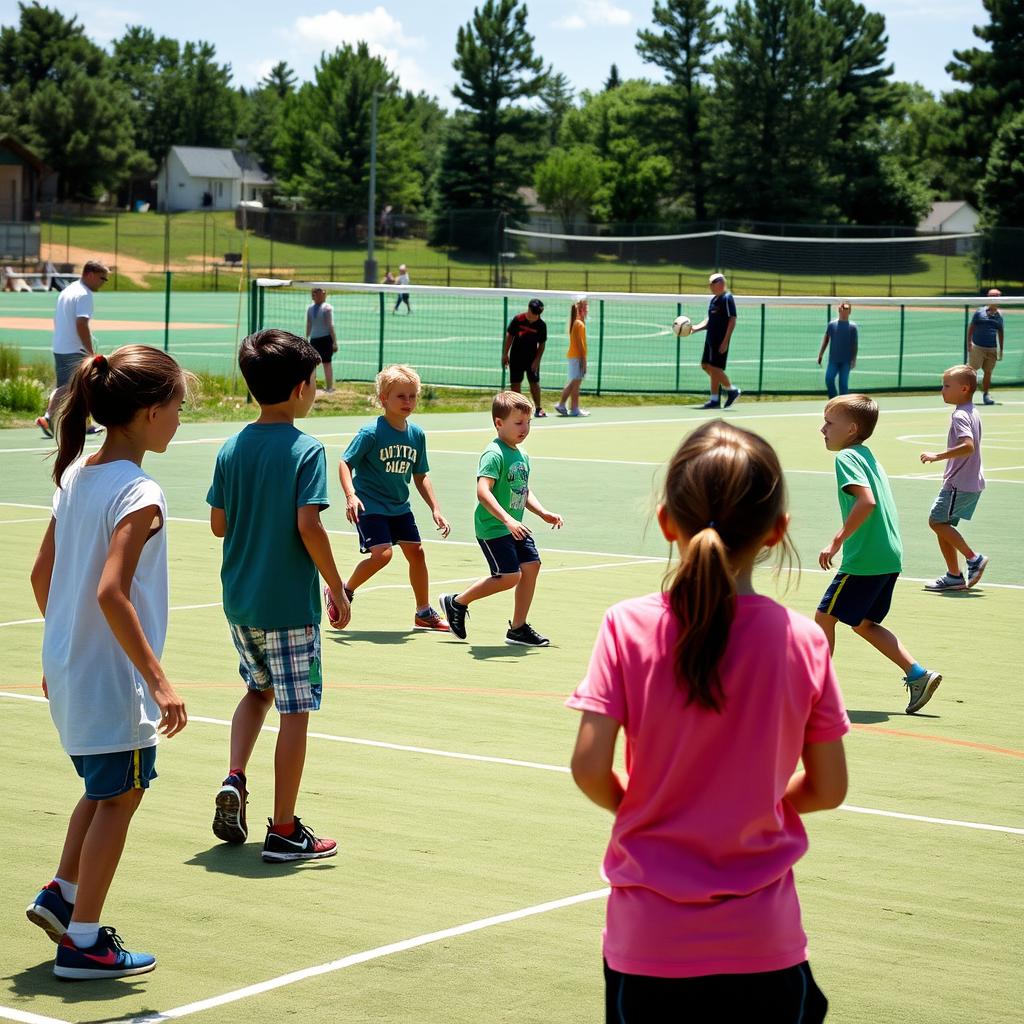 Sports activities at Camp Green Lane showing children playing various games Sports activities at Camp Green Lane showing children playing various games
