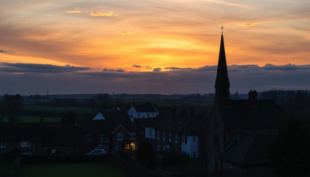 Sunset over Newgate Street Village with golden light illuminating the historic buildings