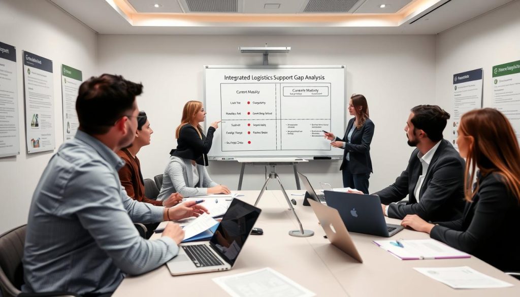 Team conducting an integrated logistics support gap analysis workshop