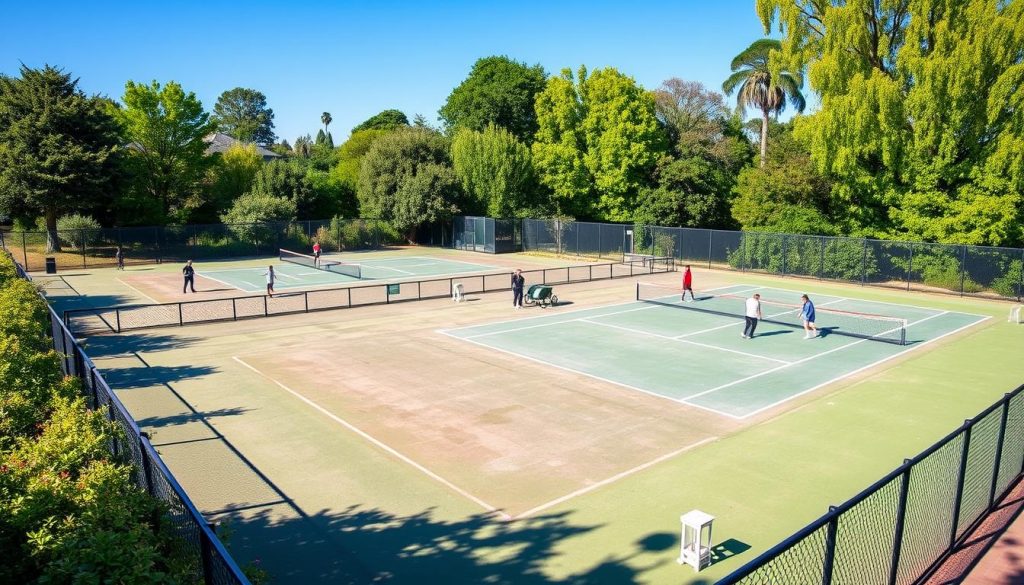 Tennis courts in Newgate Street Village with players enjoying a game