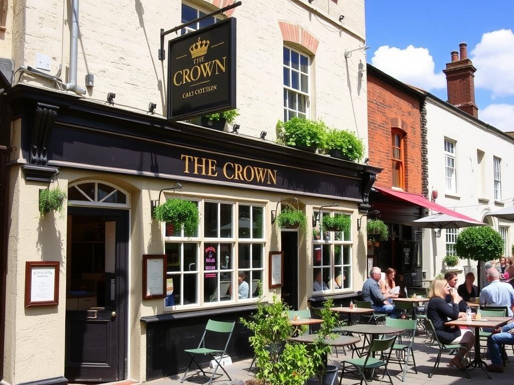 The Crown pub in Newgate Street Village with outdoor seating area