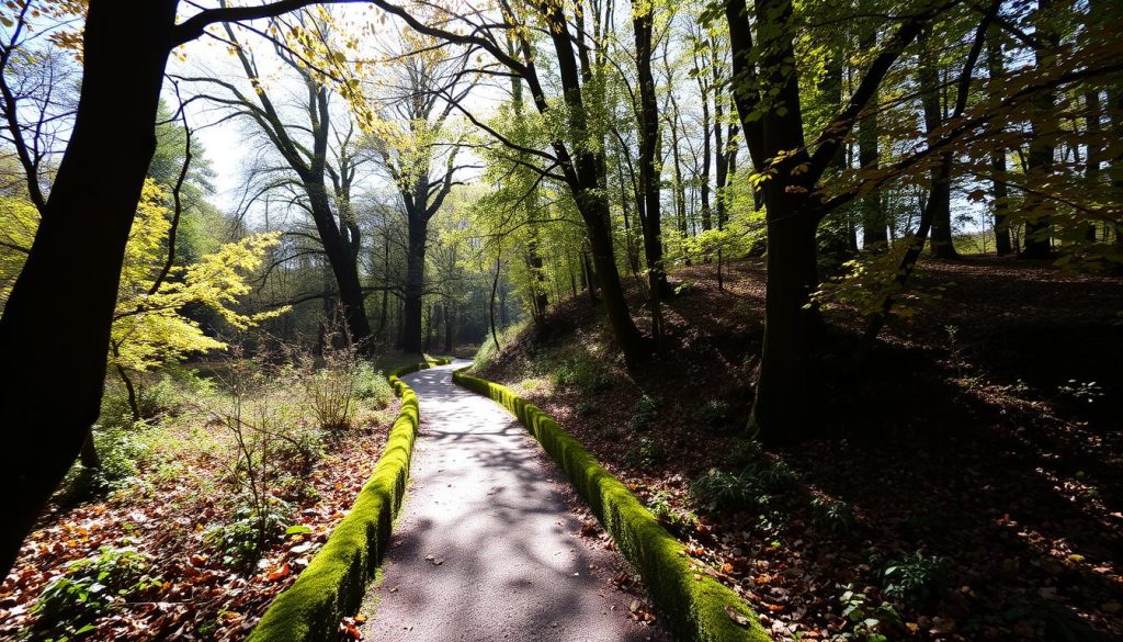Walking trail through woodland near Newgate Street Village on the Hertfordshire Way