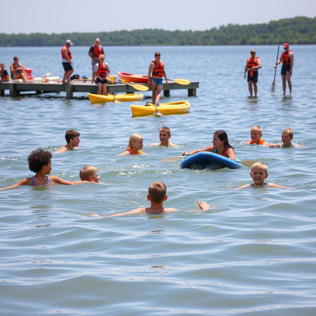 Waterfront activities at Camp Green Lane showing swimming and boating Waterfront activities at Camp Green Lane showing swimming and boating