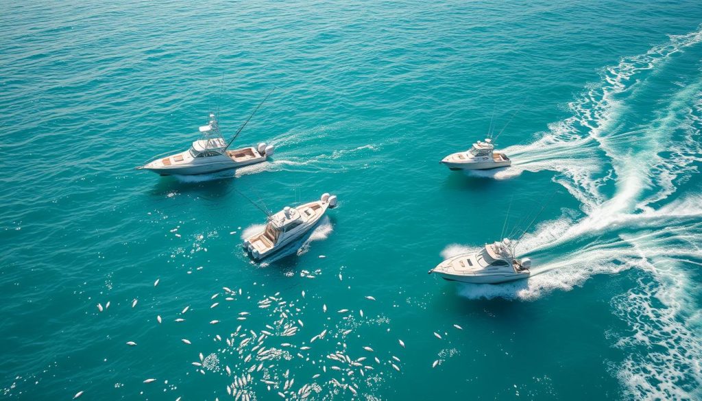 Aerial view of prime kings fishing location showing boats fishing for king mackerel off Florida coast