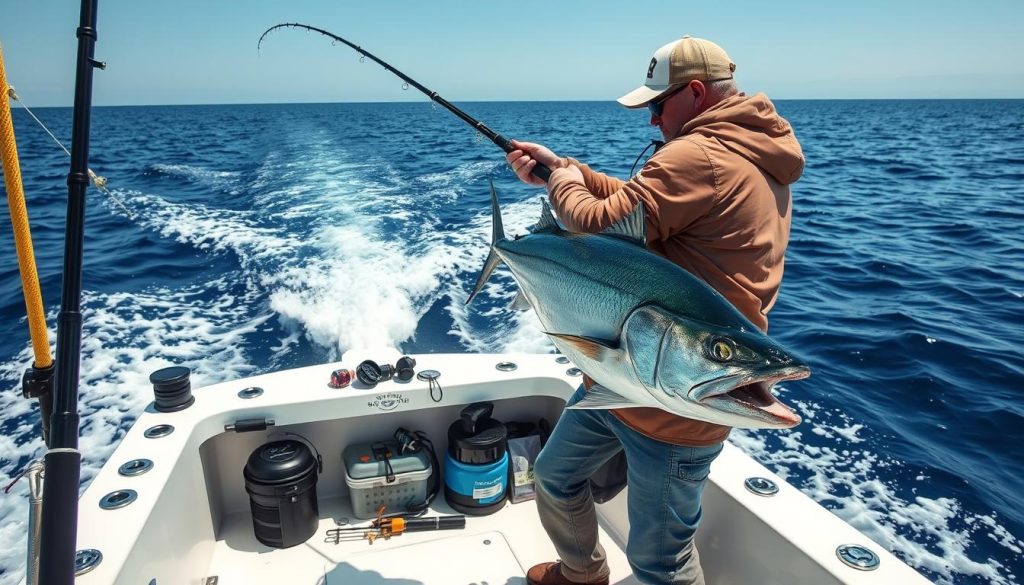 Angler demonstrating proper trolling technique during kings fishing expedition