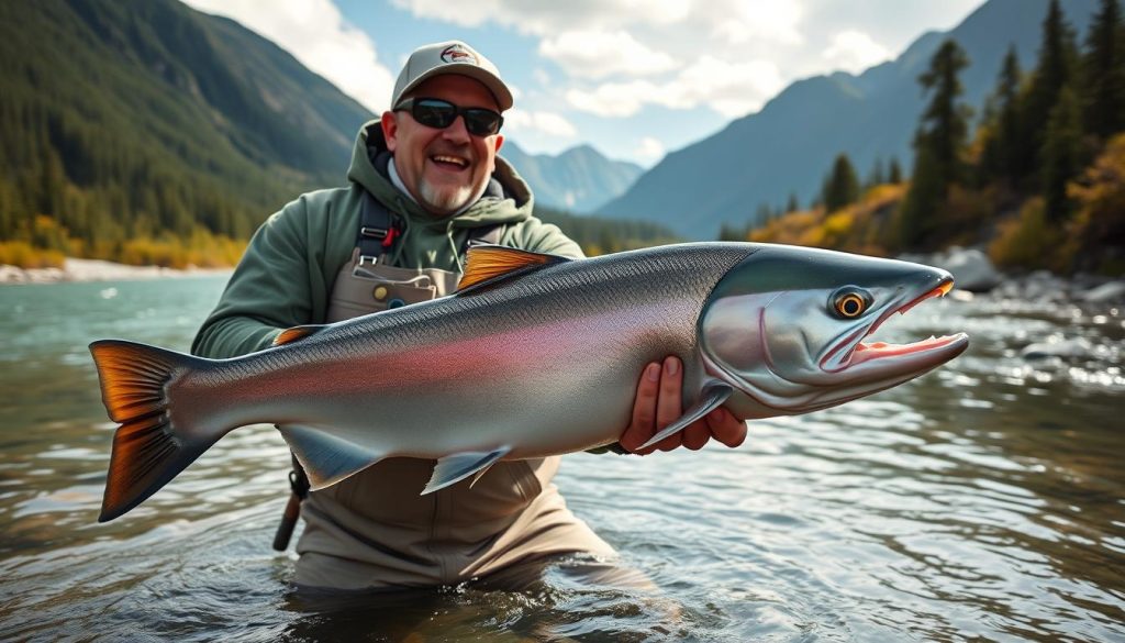 Angler holding a trophy king salmon caught during kings fishing expedition in Alaska
