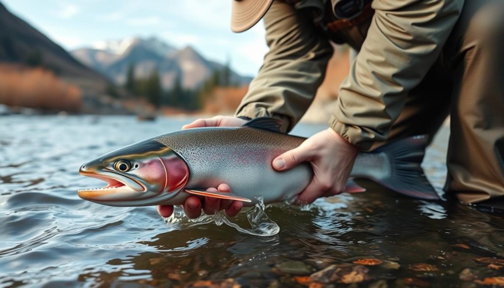 Angler practicing catch and release during kings fishing expedition