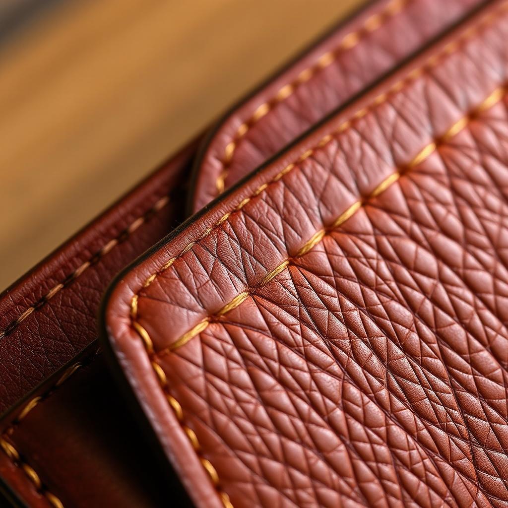 Close-up of a leather travel card holder showing quality stitching and texture