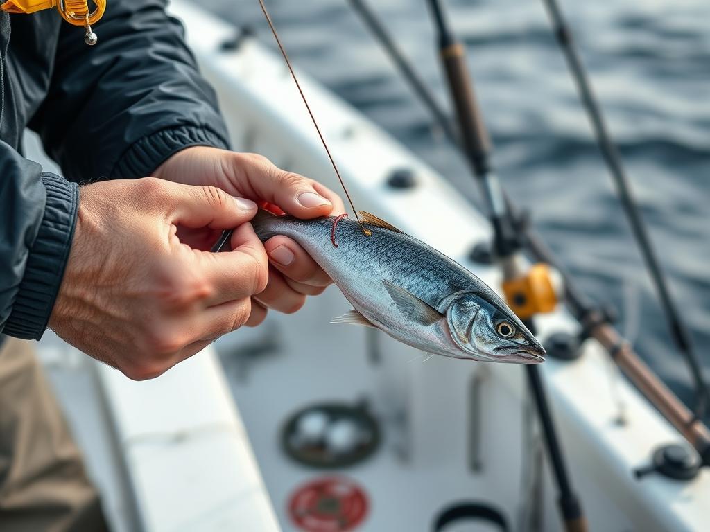 Close-up of proper bait rigging for kings fishing success