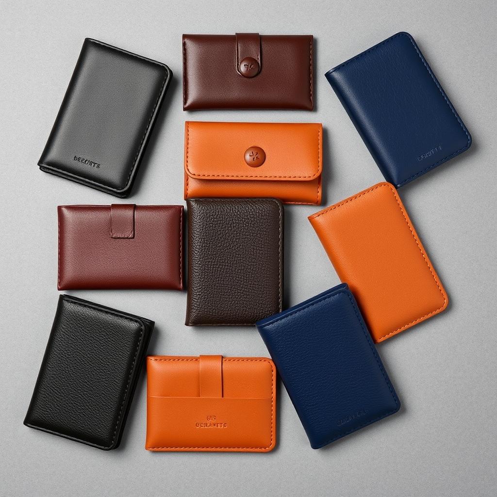 Collection of leather travel card holders in different colors and finishes