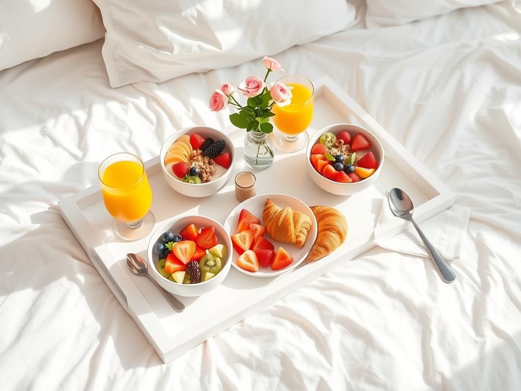 Elegant breakfast in bed tray with smoothie bowls and flowers for a mother and daughter pamper day