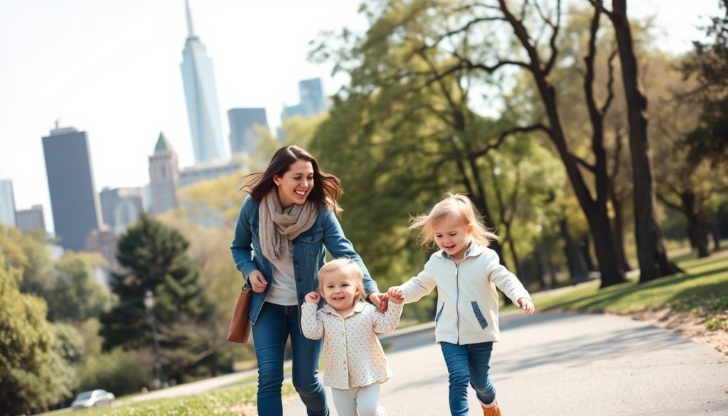 Family with toddlers exploring Central Park in New York with skyline in background