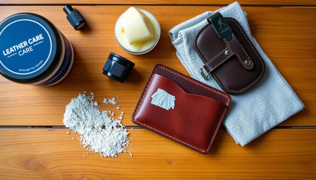 Leather care products and a travel card holder being maintained