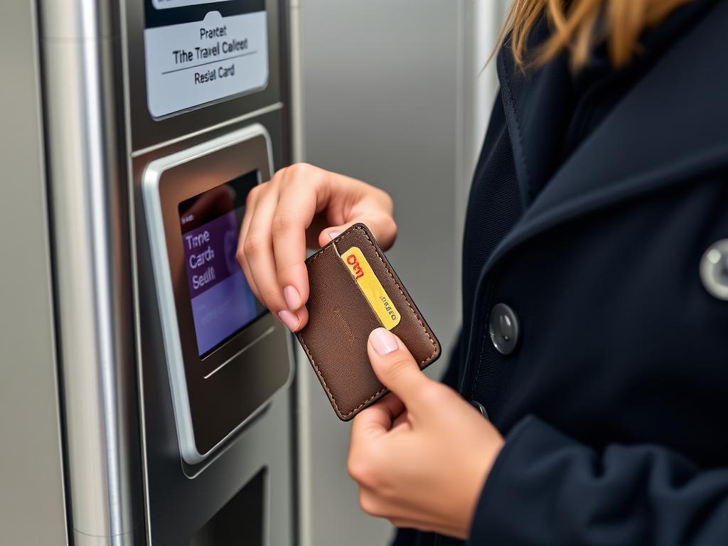 Leather travel card holder being used at transit gate showing practical application