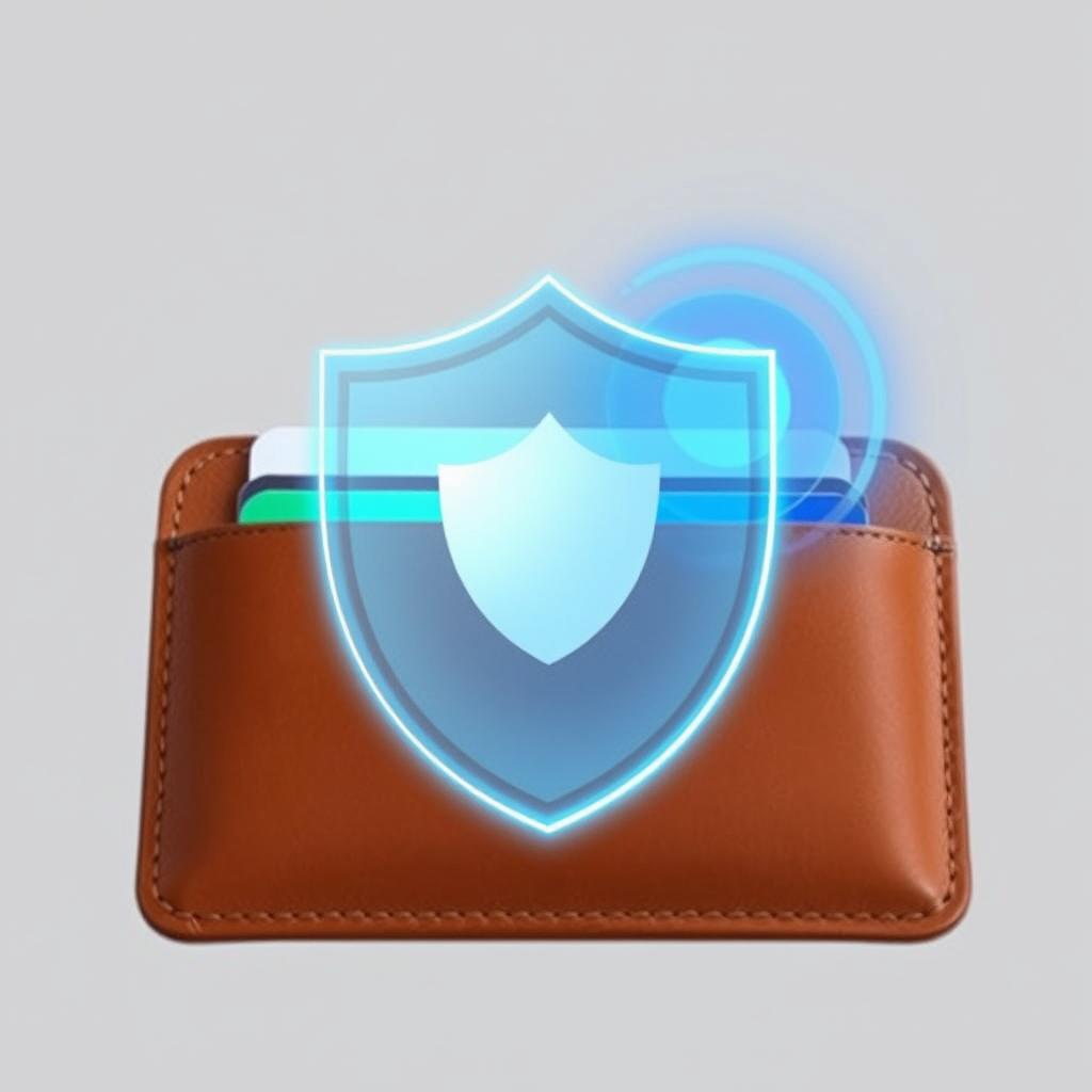 Leather travel card holder with RFID protection shield graphic overlay