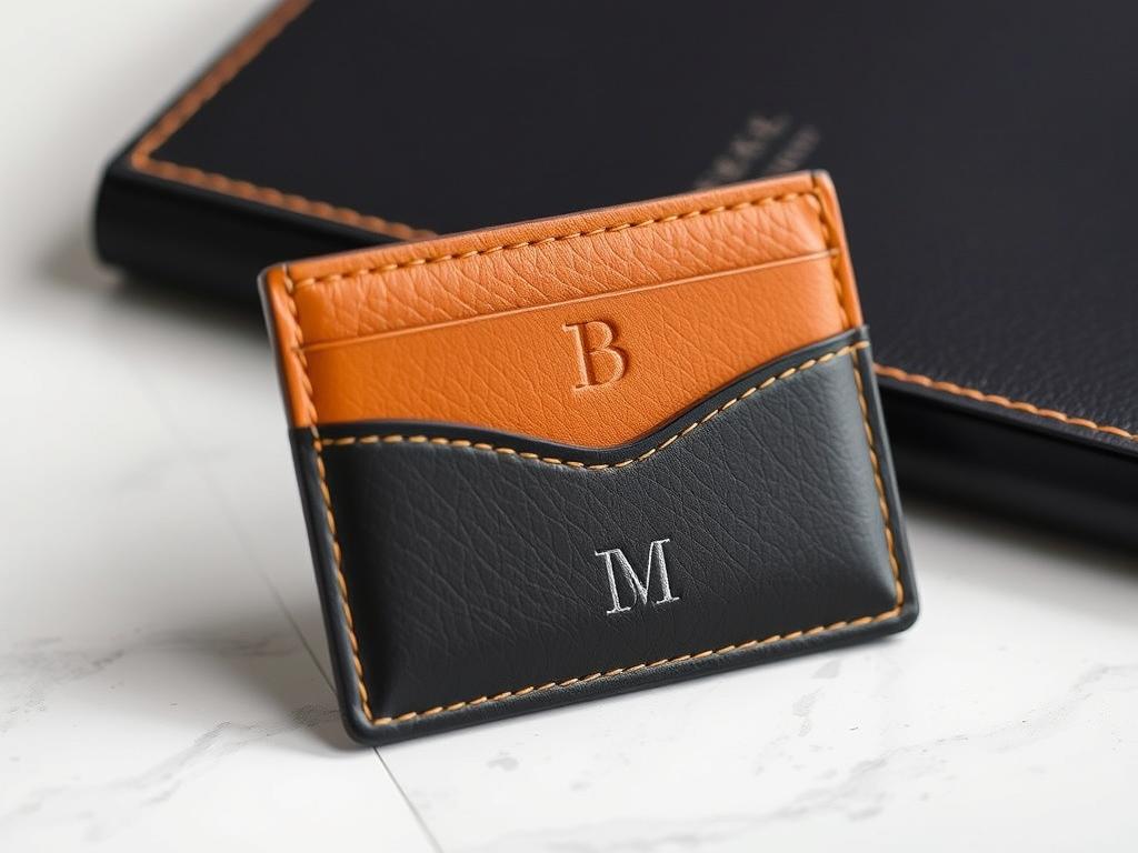 Leather travel card holder with personalized monogram and unique design elements