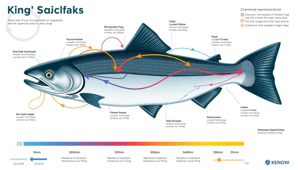 Map showing seasonal migration patterns of king salmon for kings fishing planning