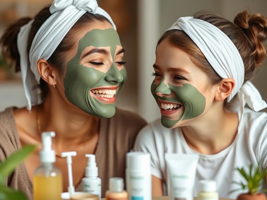 Mother and daughter applying homemade facial masks during their pamper day