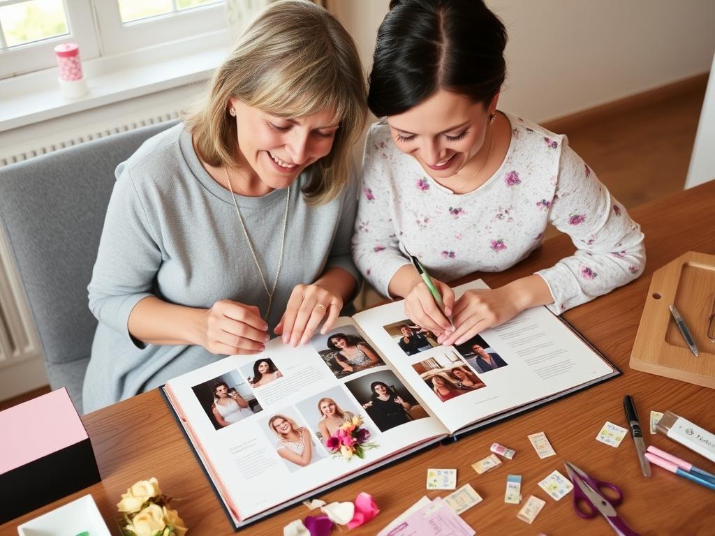 Mother and daughter creating a scrapbook of their pamper day memories