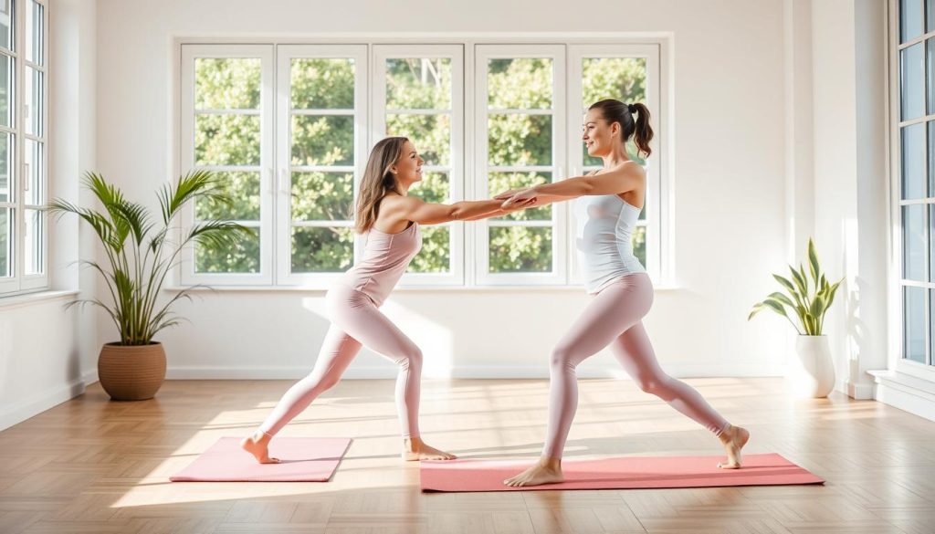 Mother and daughter doing yoga together in matching outfits during their pamper day