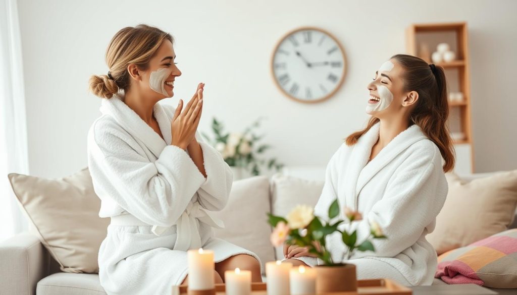 Mother and daughter enjoying a pamper day together with face masks and robes