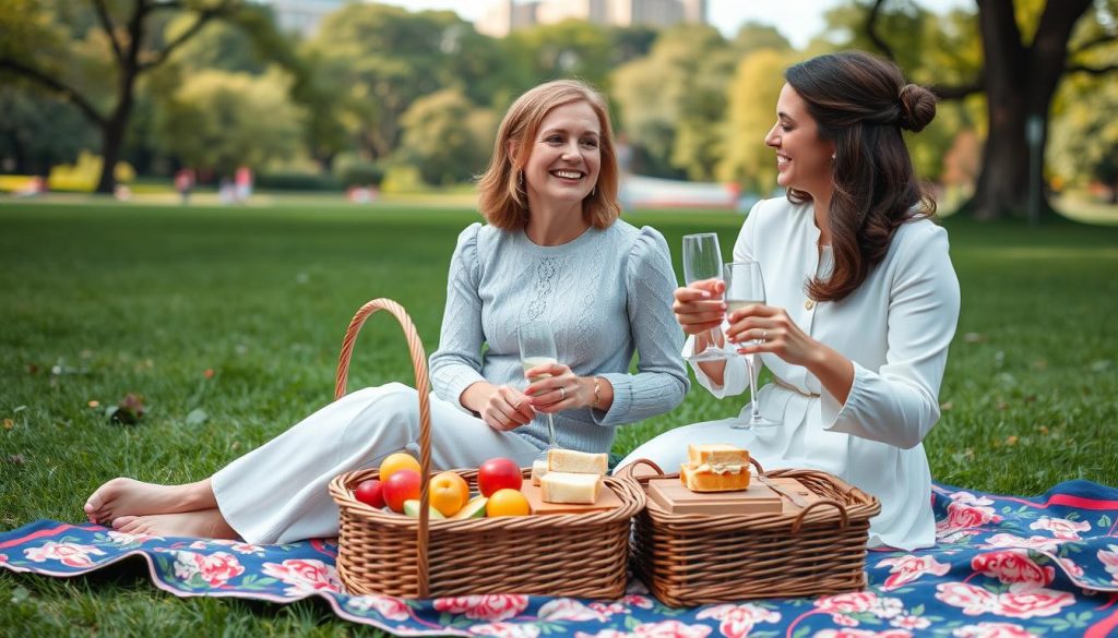 Mother and daughter enjoying a picnic in Central Park during their pamper day