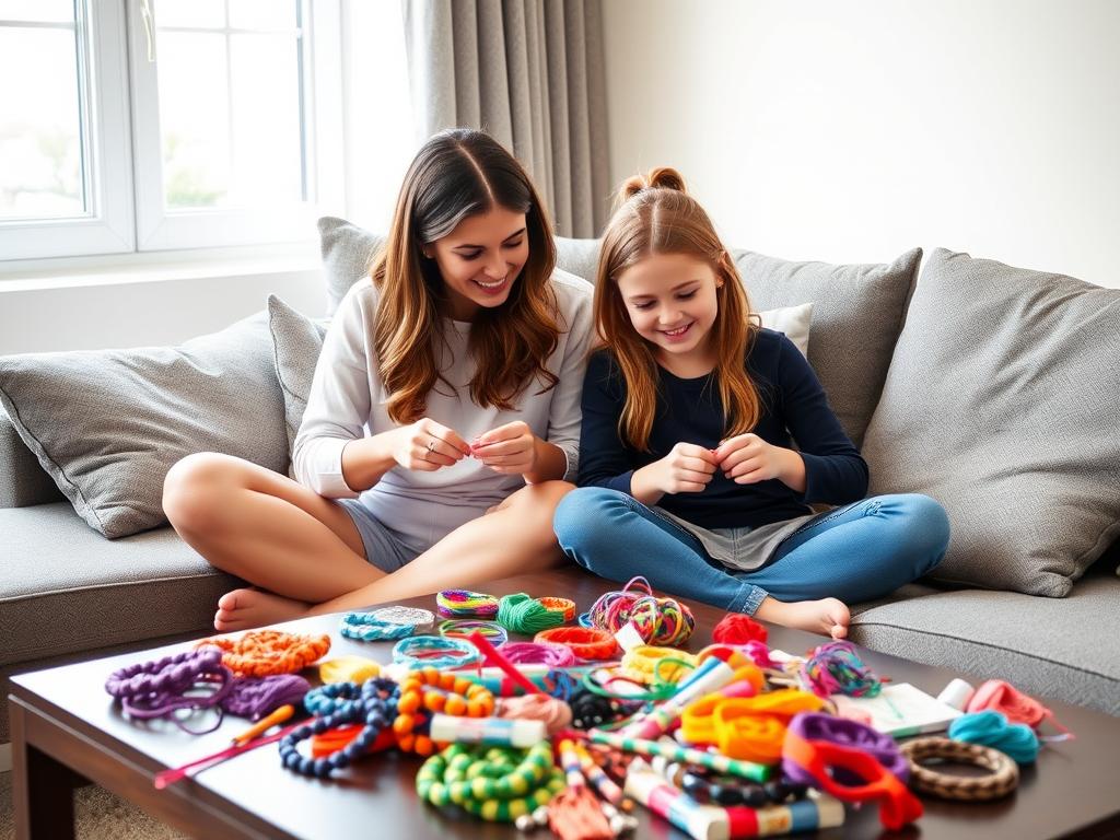 Mother and daughter making friendship bracelets together during their pamper day