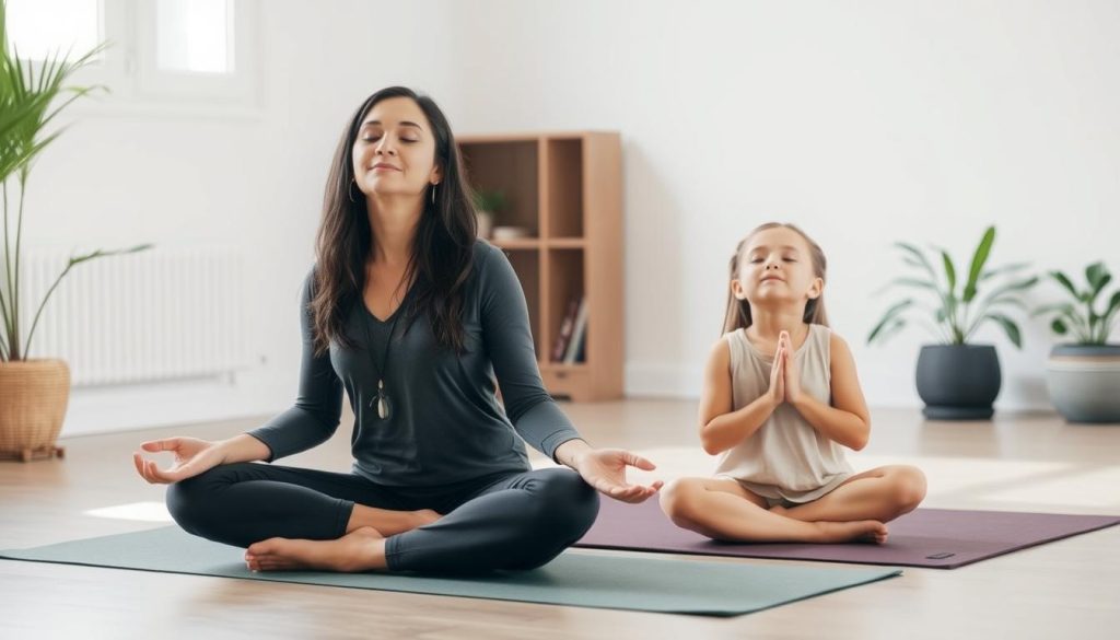 Mother and daughter meditating together during their pamper day