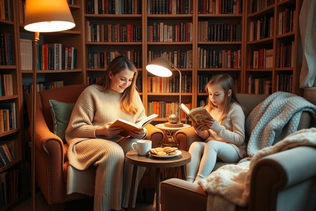 Mother and daughter reading books together in a cozy corner during their pamper day