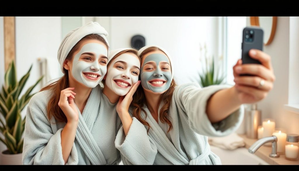 Mother and daughter taking selfies during their pamper day with face masks on