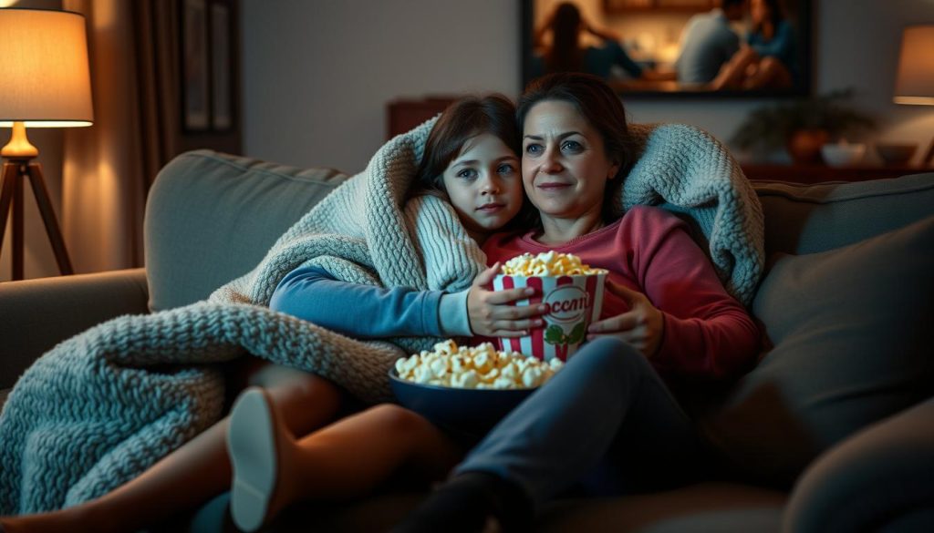 Mother and daughter watching a movie together during their pamper day