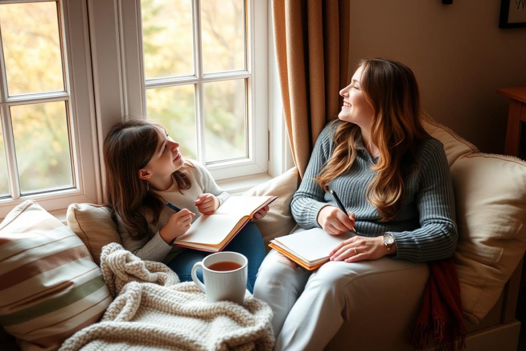 Mother and daughter writing in journals together during their pamper day