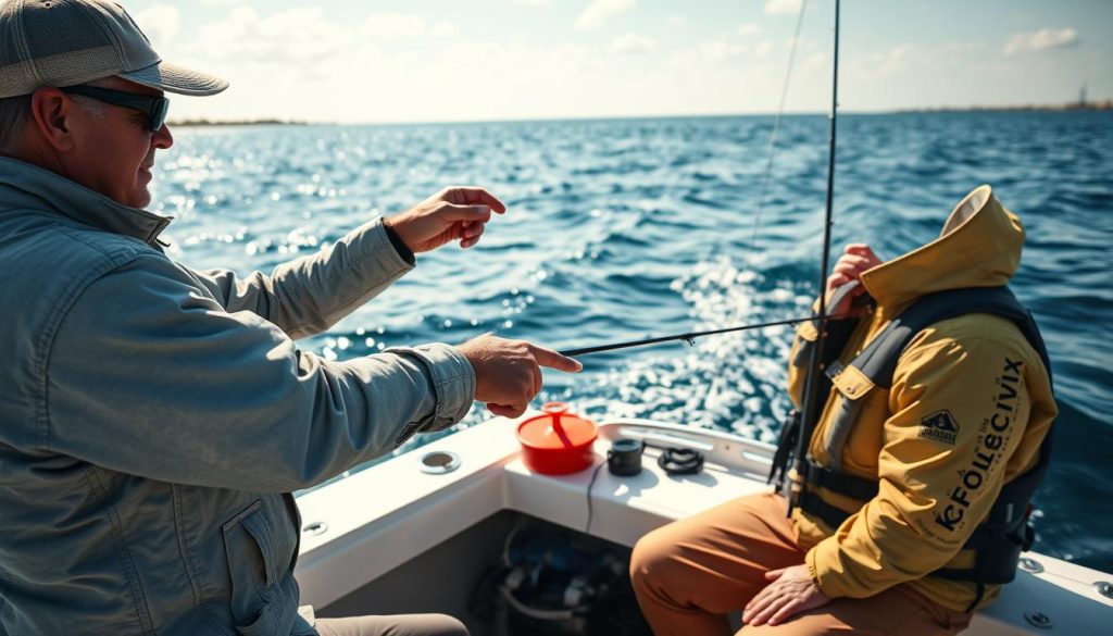 Professional fishing guide demonstrating kings fishing technique to client