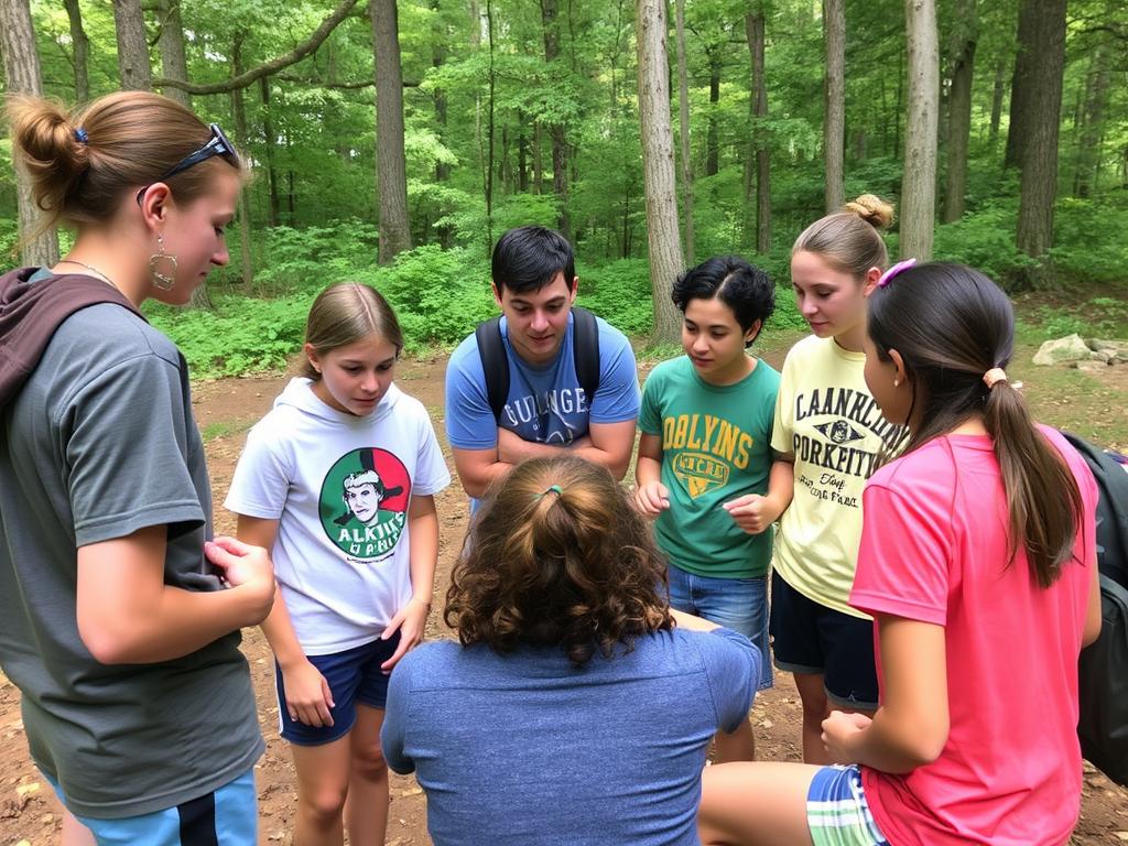 Adolescentes participando en actividades de liderazgo y trabajo en equipo en Camp New York