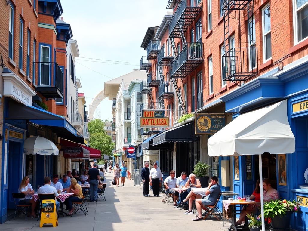 Calle de Astoria en America Queens con influencia griega y cafés al aire libre