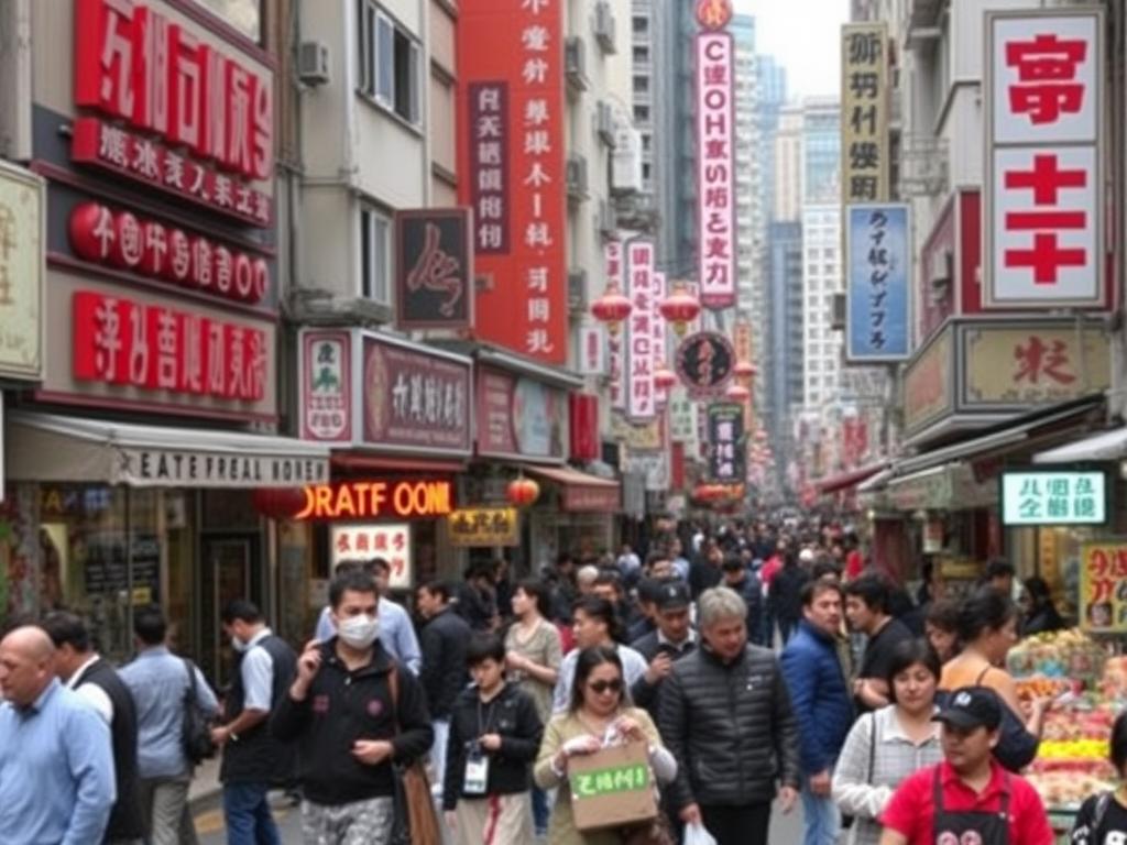 Calle principal de Flushing en America Queens con tiendas y restaurantes asiáticos