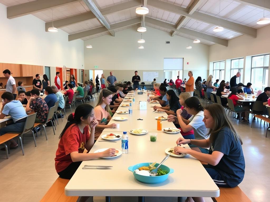 Comedor del campamento de verano con jóvenes disfrutando de la comida