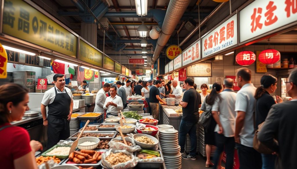 Diversidad gastronómica en un mercado de America Queens con comidas de todo el mundo