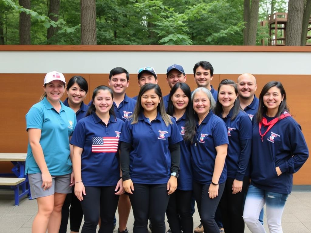 Equipo de monitores internacionales de Camp New York con banderas de diferentes países
