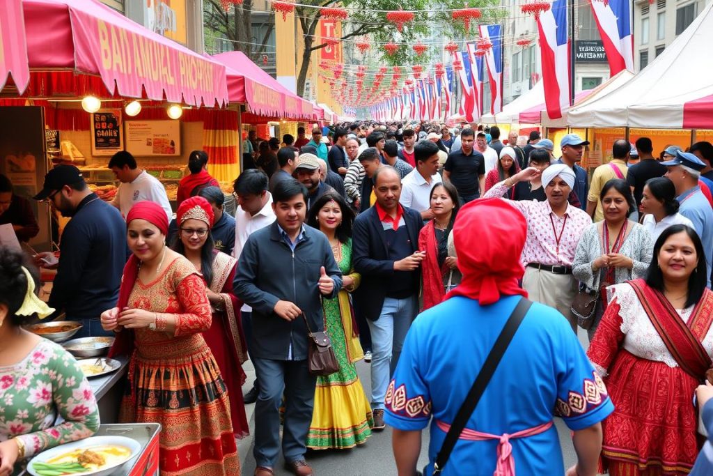 Festival multicultural en America Queens mostrando diversas tradiciones étnicas