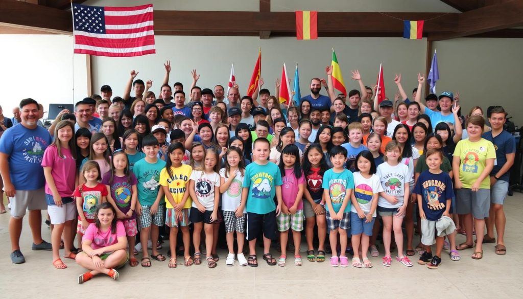 Grupo de campistas internacionales celebrando el final del summer camp estados unidos