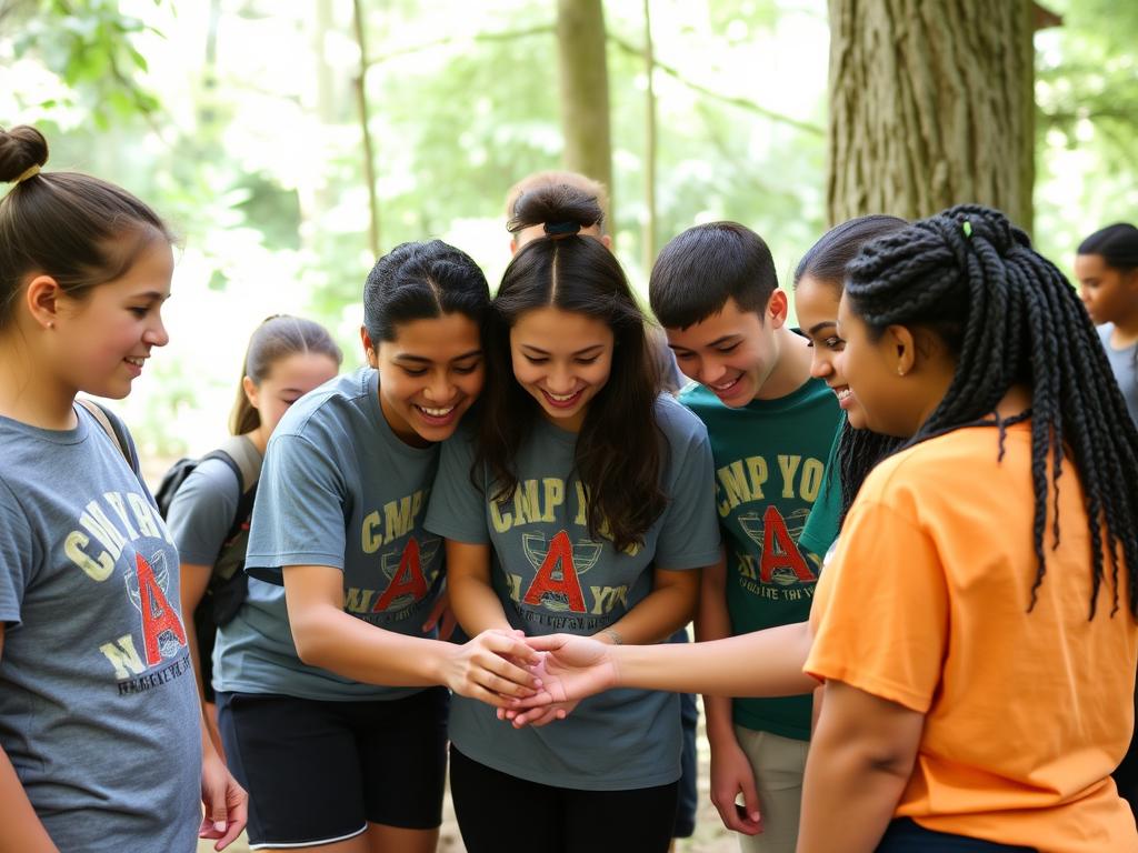 Grupo multicultural de adolescentes colaborando en actividades de equipo en Camp New York
