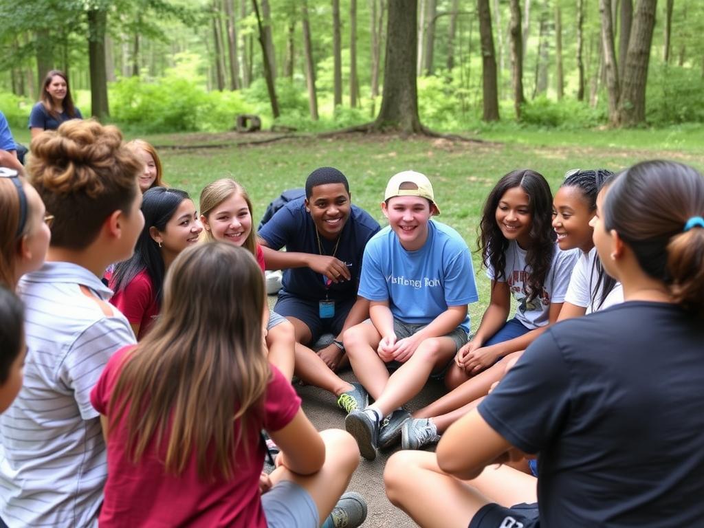 Jóvenes aprendiendo inglés en actividades interactivas en un summer camp estados unidos
