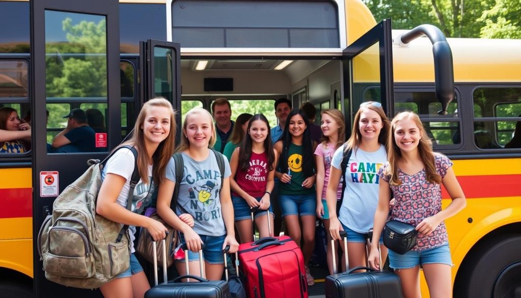 Jóvenes felices llegando al summer camp estados unidos de Camp New York