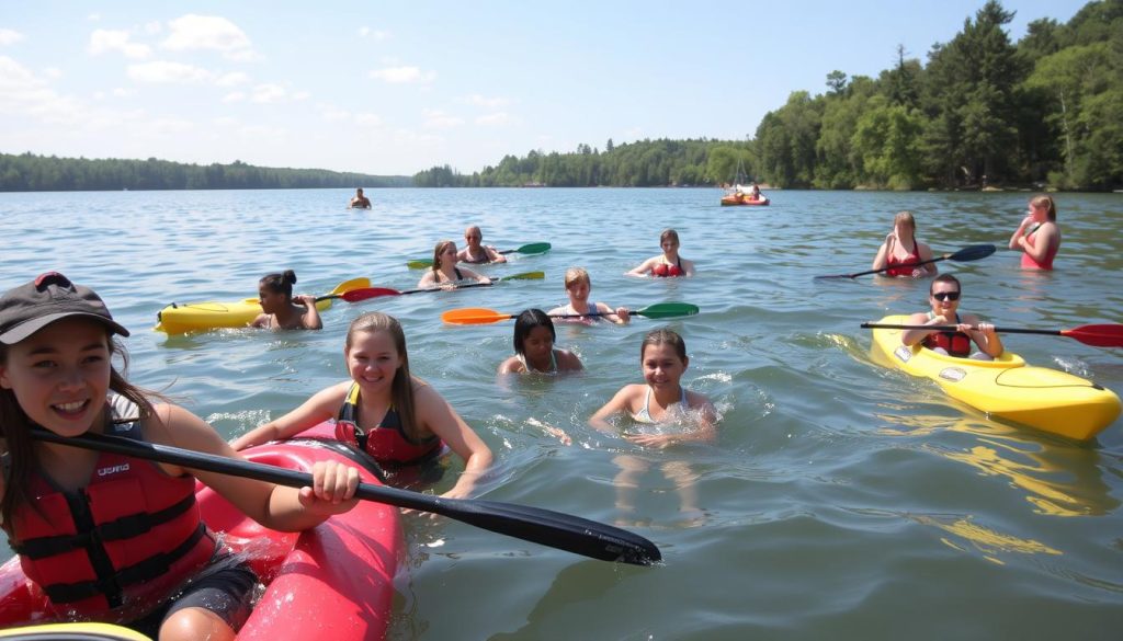 Jóvenes participando en actividades acuáticas en el campamento de verano
