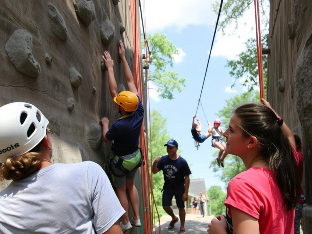 Jóvenes practicando escalada y tirolina en el programa de aventura de Camp New York