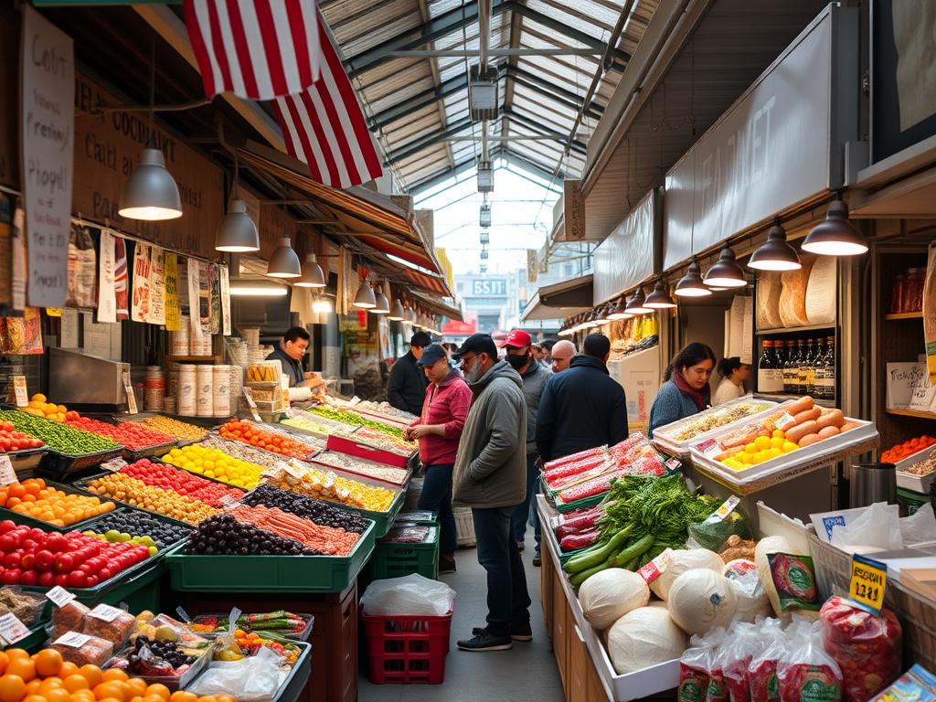 Mercado multicultural en Queens con productos internacionales