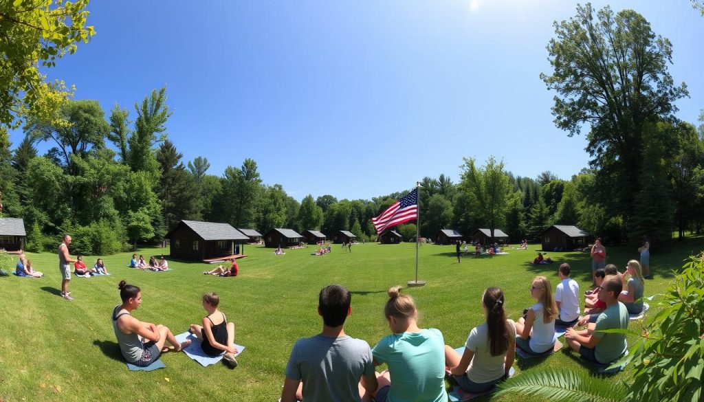 Panorámica de Camp New York con jóvenes disfrutando de actividades al aire libre en un summer camp estados unidos