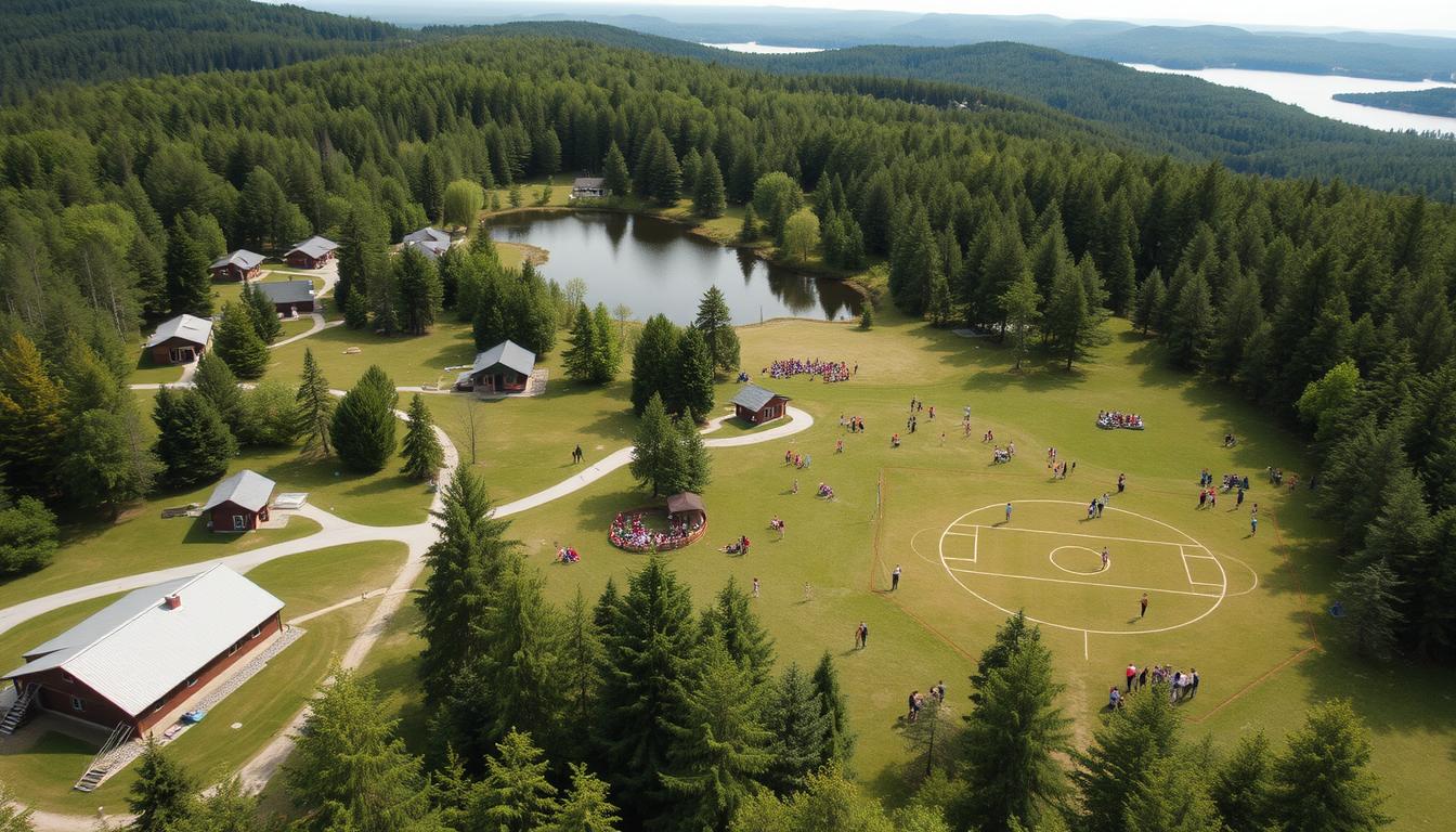 Panorámica de las instalaciones de Camp New York con monitores y campistas