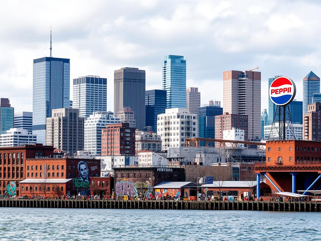 Skyline de Long Island City en America Queens con arte urbano